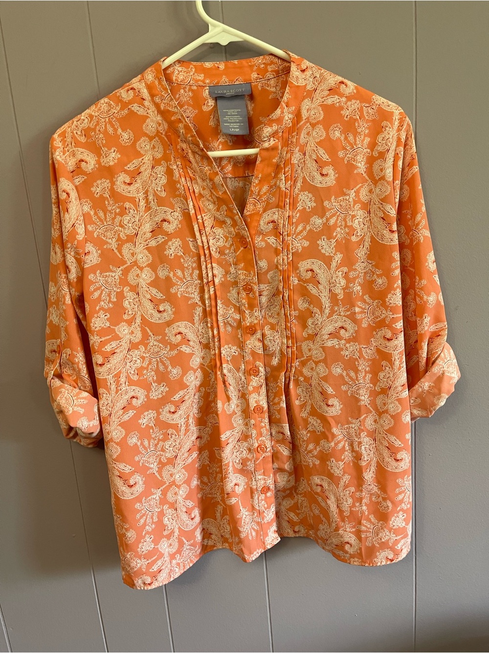 Laura Scott Coral Paisley Pintuck Button Front Blouse